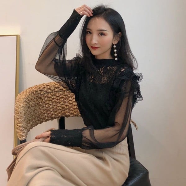 Modern csipke női blúz fekete-fehér tüll fürtökkel és ujjakkal