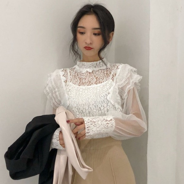 Modern csipke női blúz fekete-fehér tüll fürtökkel és ujjakkal