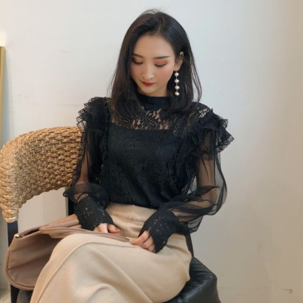 Modern csipke női blúz fekete-fehér tüll fürtökkel és ujjakkal