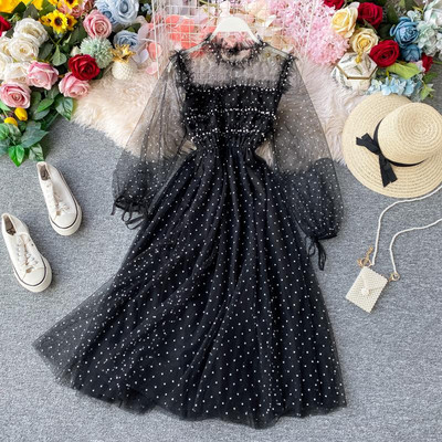 Model nou rochie dama cu perle si tul in mai multe culori model croiat