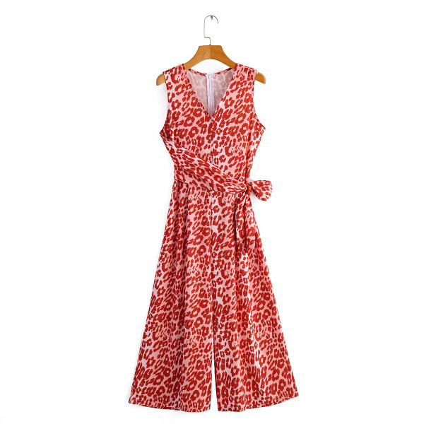 Salopetă de damă modernă cu legături în talie și decolteu în V în roșu cu model leopard