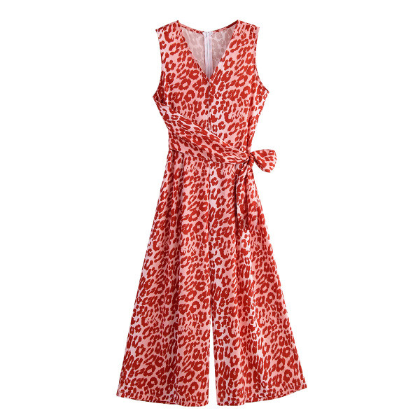 Salopetă de damă modernă cu legături în talie și decolteu în V în roșu cu model leopard