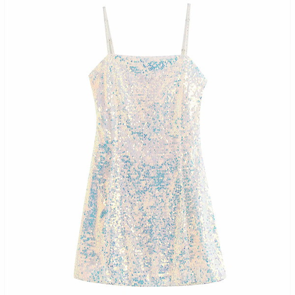 Rövid és testhezálló modern női ruha vékony pántokkal, ezüst színben, flitterekkel