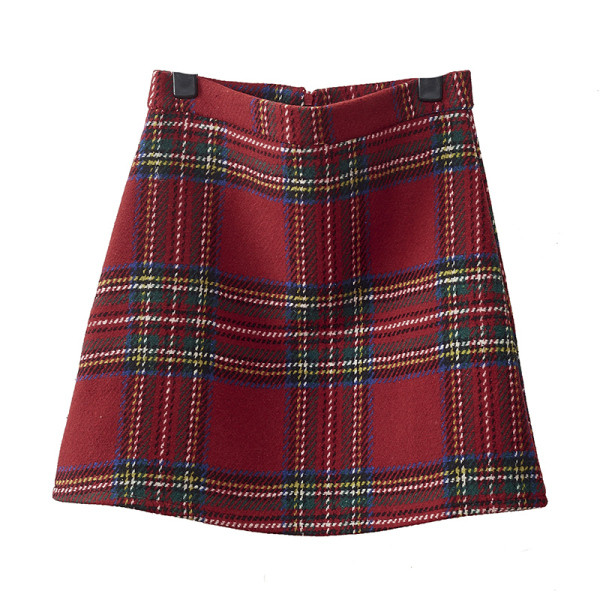 Καρό γυναικεία χειμερινή φούστα με ψηλή μέση σε κόκκινο και πράσινο χρώμα