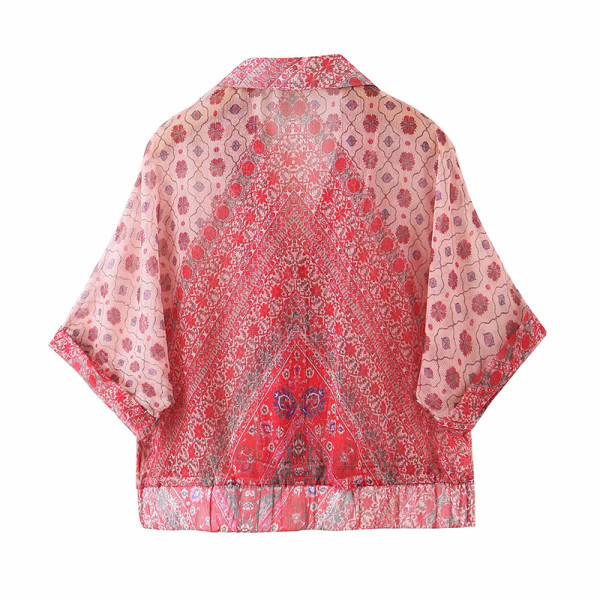 Rövid női ing klasszikus gallérral és rövid ujjú piros színben, mintás mintával