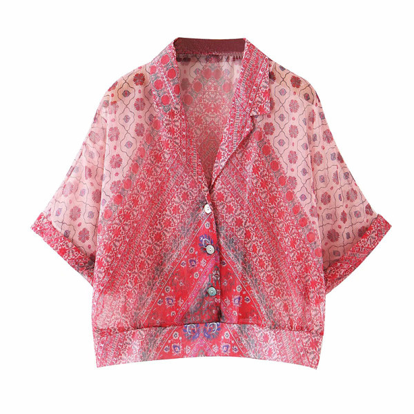 Rövid női ing klasszikus gallérral és rövid ujjú piros színben, mintás mintával