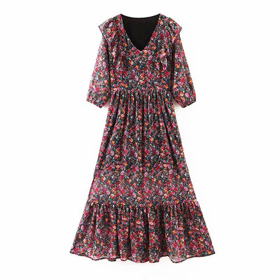 Μακρύ γυναικείο φόρεμα με V-λαιμόκοψη και μανίκια 3/4 με φλοράλ τύπωμα