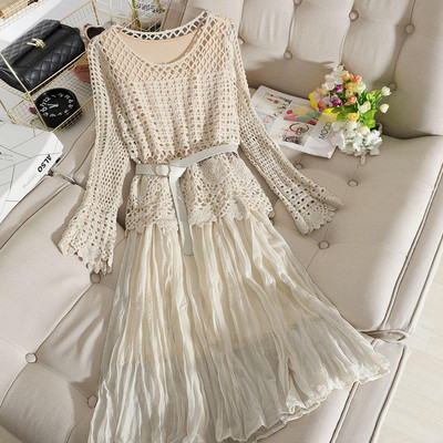 Alkalmi női ruha ovális nyakkivágással és övvel, fehér, bézs, kék és fekete színben