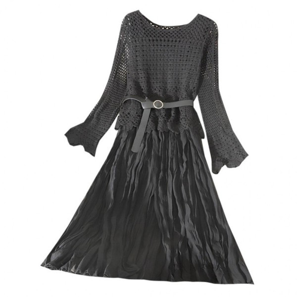 Alkalmi női ruha ovális nyakkivágással és övvel, fehér, bézs, kék és fekete színben