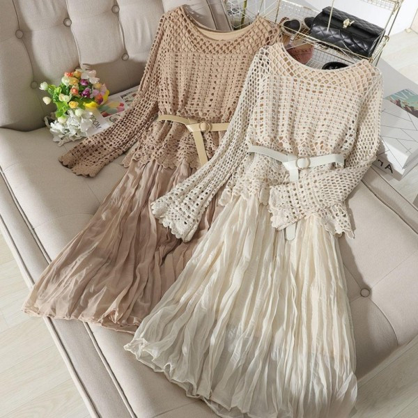 Alkalmi női ruha ovális nyakkivágással és övvel, fehér, bézs, kék és fekete színben