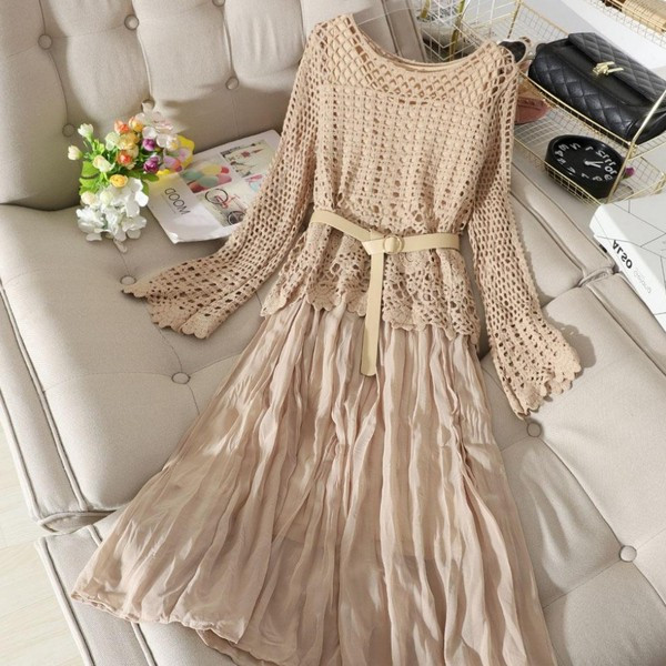 Alkalmi női ruha ovális nyakkivágással és övvel, fehér, bézs, kék és fekete színben