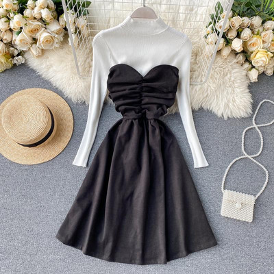 Modern női ruha magas gallérral kiszabott modellel barna, fekete és bézs színben