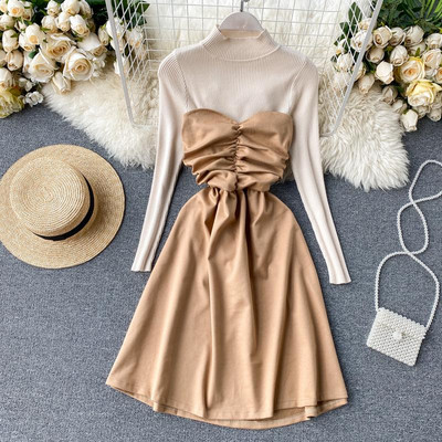 Modern női ruha magas gallérral kiszabott modellel barna, fekete és bézs színben