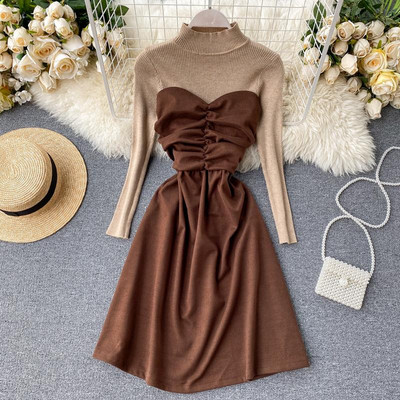 Modern női ruha magas gallérral kiszabott modellel barna, fekete és bézs színben