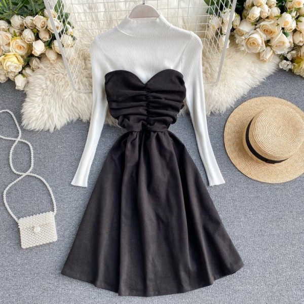 Modern női ruha magas gallérral kiszabott modellel barna, fekete és bézs színben