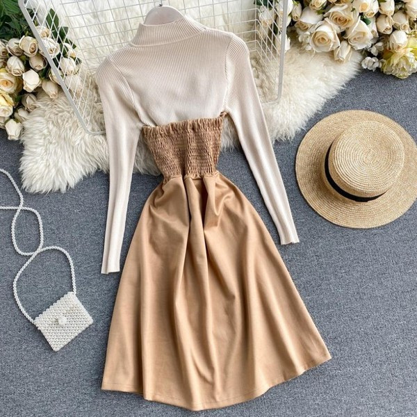 Modern női ruha magas gallérral kiszabott modellel barna, fekete és bézs színben