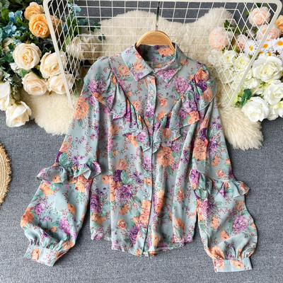 Modern női ing virágmintával és klasszikus gallérral, különböző színekben