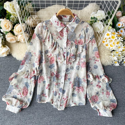 Modern női ing virágmintával és klasszikus gallérral, különböző színekben