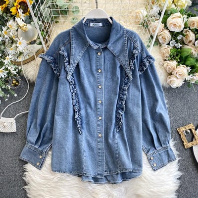 Cămașă modernă de damă din denim cu nasturi și bucle în albastru și mâneci lungi