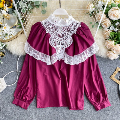 Retro stílusú női ing csipkével és hosszú ujjú piros, fekete és fehér színben