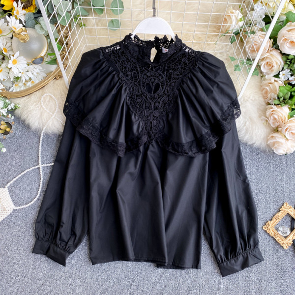 Retro stílusú női ing csipkével és hosszú ujjú piros, fekete és fehér színben