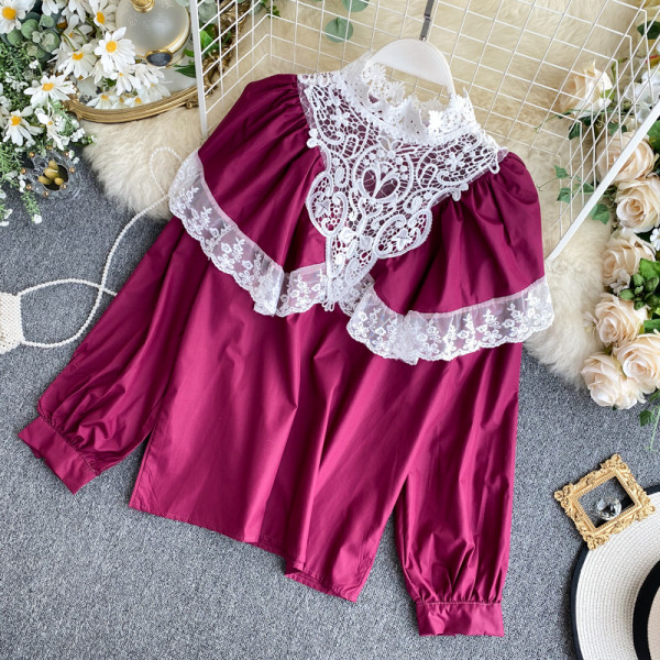 Retro stílusú női ing csipkével és hosszú ujjú piros, fekete és fehér színben