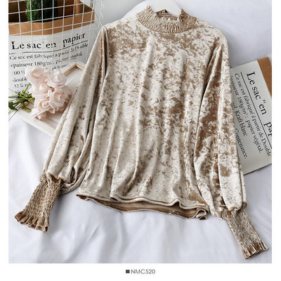 Modern női bársony blúz magas gallérral és gumival az ujjain rózsaszín, zöld, fehér és fekete színben