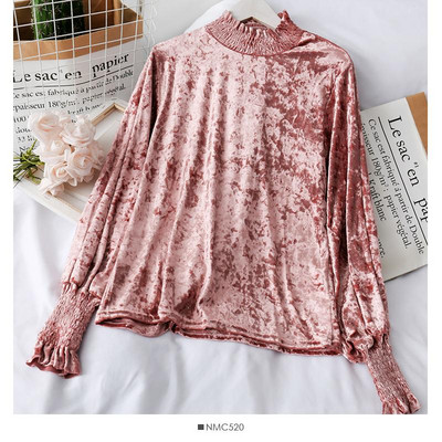 Modern női bársony blúz magas gallérral és gumival az ujjain rózsaszín, zöld, fehér és fekete színben