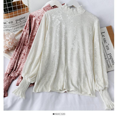 Modern női bársony blúz magas gallérral és gumival az ujjain rózsaszín, zöld, fehér és fekete színben