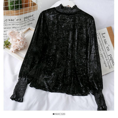 Modern női bársony blúz magas gallérral és gumival az ujjain rózsaszín, zöld, fehér és fekete színben