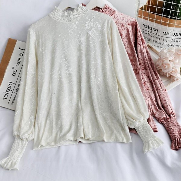 Modern női bársony blúz magas gallérral és gumival az ujjain rózsaszín, zöld, fehér és fekete színben