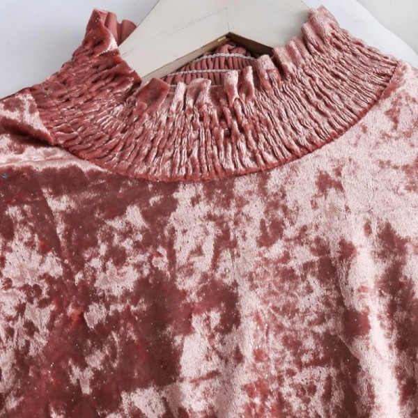 Modern női bársony blúz magas gallérral és gumival az ujjain rózsaszín, zöld, fehér és fekete színben