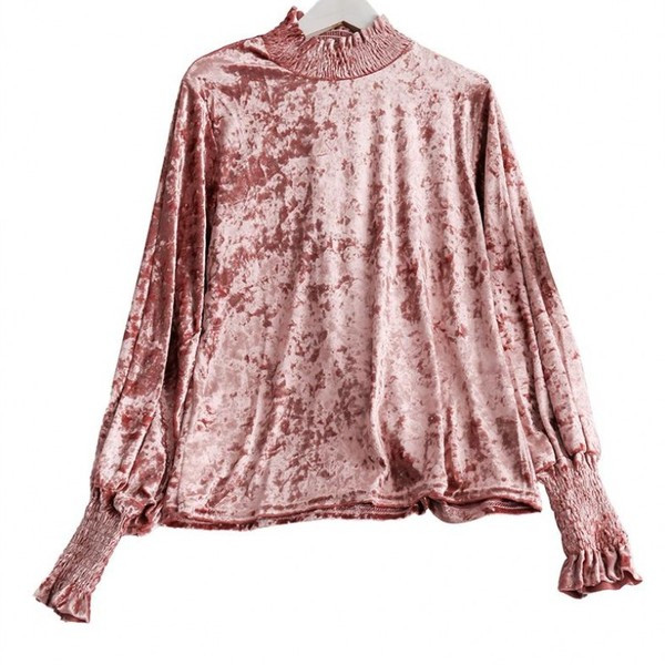 Modern női bársony blúz magas gallérral és gumival az ujjain rózsaszín, zöld, fehér és fekete színben