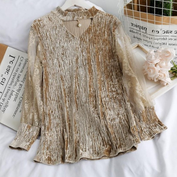 Modern női ing csipkeujjal és gyöngyökkel, különböző színekben