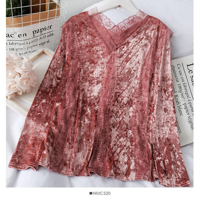 Bluză de damă modernă cu dantelă și mâneci lungi de catifea în roz, bej, alb și negru