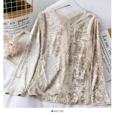 Bluză de damă modernă cu dantelă și mâneci lungi de catifea în roz, bej, alb și negru