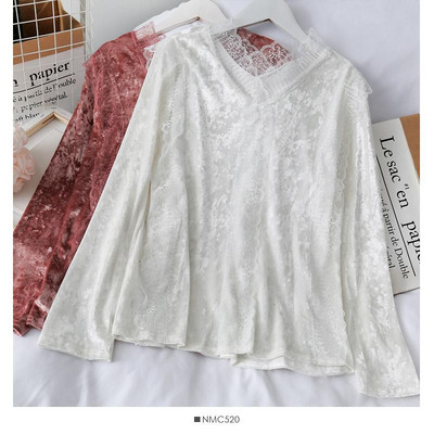 Bluză de damă modernă cu dantelă și mâneci lungi de catifea în roz, bej, alb și negru