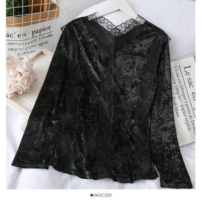 Bluză de damă modernă cu dantelă și mâneci lungi de catifea în roz, bej, alb și negru