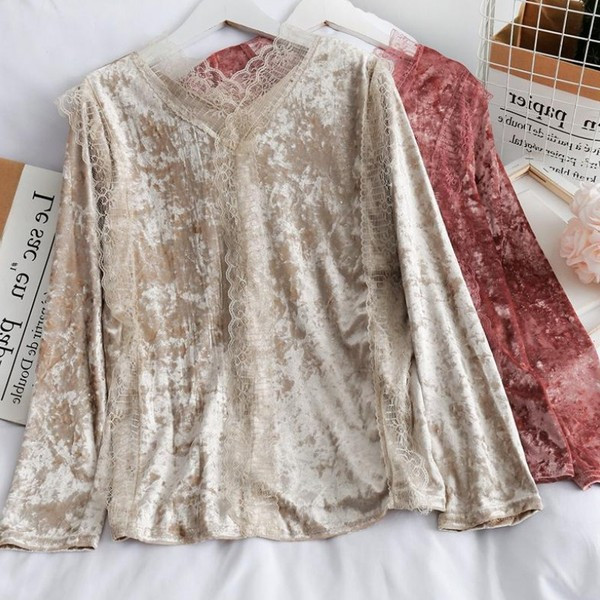 Bluză de damă modernă cu dantelă și mâneci lungi de catifea în roz, bej, alb și negru