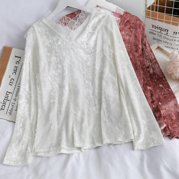 Bluză de damă modernă cu dantelă și mâneci lungi de catifea în roz, bej, alb și negru