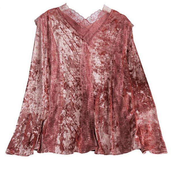 Bluză de damă modernă cu dantelă și mâneci lungi de catifea în roz, bej, alb și negru