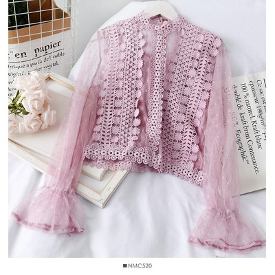 Modern női csipkeblúz hímzéssel és hosszú ujjú, különböző színekben