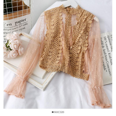 Modern női csipkeblúz hímzéssel és hosszú ujjú, különböző színekben