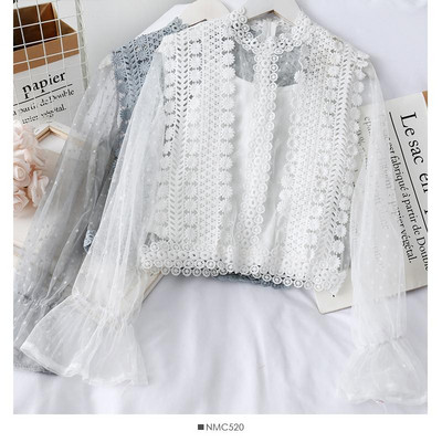 Modern női csipkeblúz hímzéssel és hosszú ujjú, különböző színekben