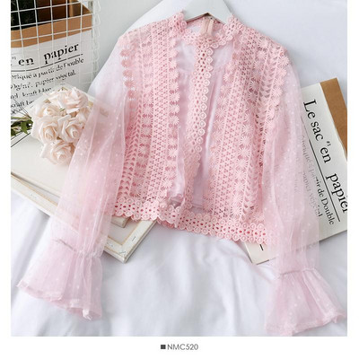 Modern női csipkeblúz hímzéssel és hosszú ujjú, különböző színekben