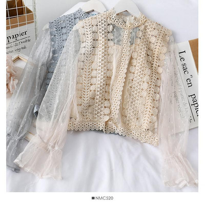 Modern női csipkeblúz hímzéssel és hosszú ujjú, különböző színekben