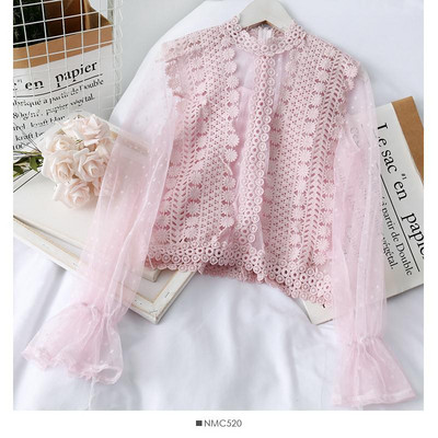 Modern női csipkeblúz hímzéssel és hosszú ujjú, különböző színekben