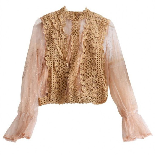 Modern női csipkeblúz hímzéssel és hosszú ujjú, különböző színekben