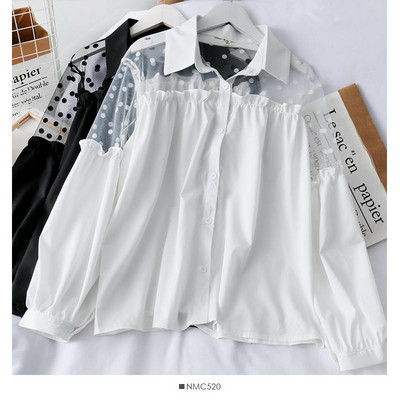 Modern női ing tüllel és klasszikus gallérral fehér és fekete színben