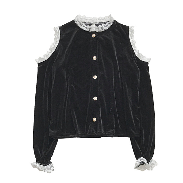 Női bársony ing fekete, piros és barna színben, csupasz váll és csipke